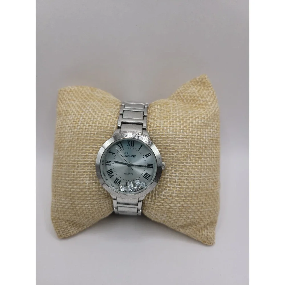 Geneva Women's Silver Tone Quartz Watch White Roman Numeral Dial Floating Crysta